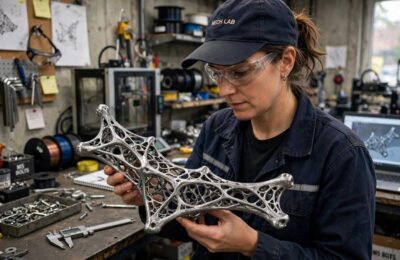 An engineer holding a 3D-printed generative-designed metal bracket