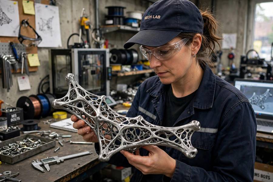 An engineer holding a 3D-printed generative-designed metal bracket