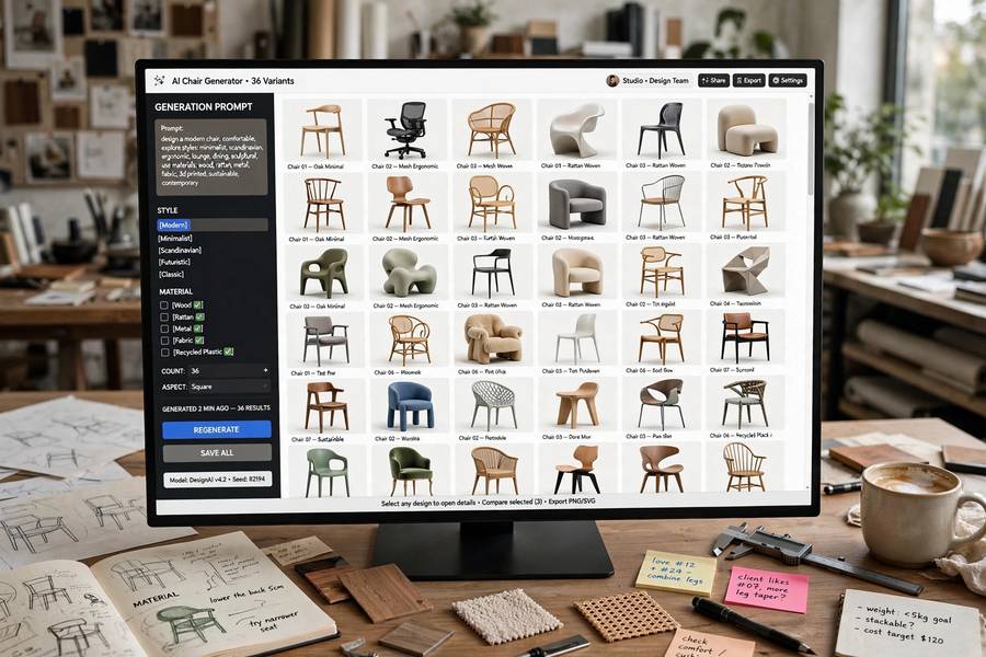A screen showing many AI-generated chair design variations