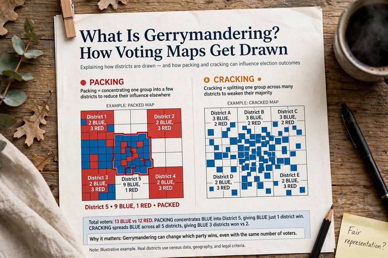 Illustration showing packing and cracking of voter districts on a grid map