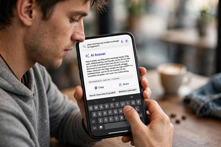 Person using Google AI Mode on a smartphone