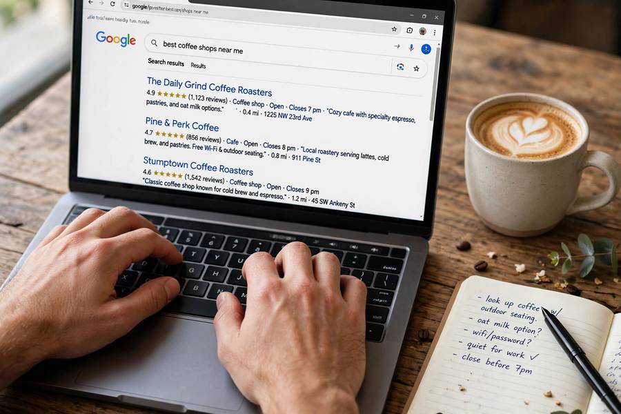 Researching with Google AI Mode at a desk with coffee and notebook