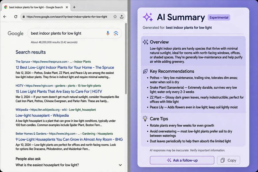 Comparing traditional Google results with an AI-generated overview