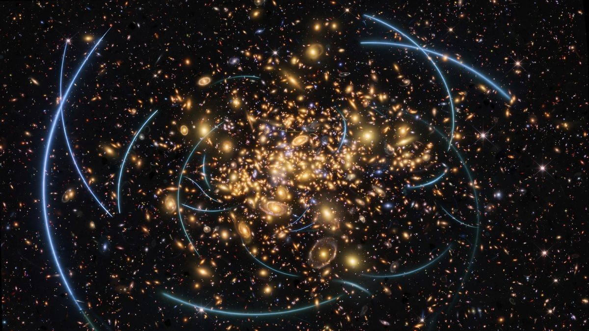 wide starfield showing a galaxy cluster with lensed arcs