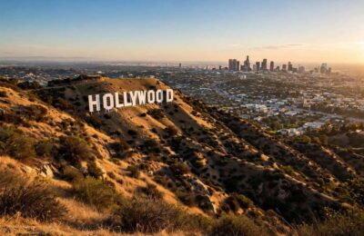 The Hollywood sign on the hills above Los Angeles at golden hour