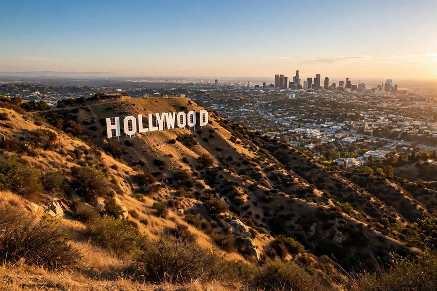 The Hollywood sign on the hills above Los Angeles at golden hour