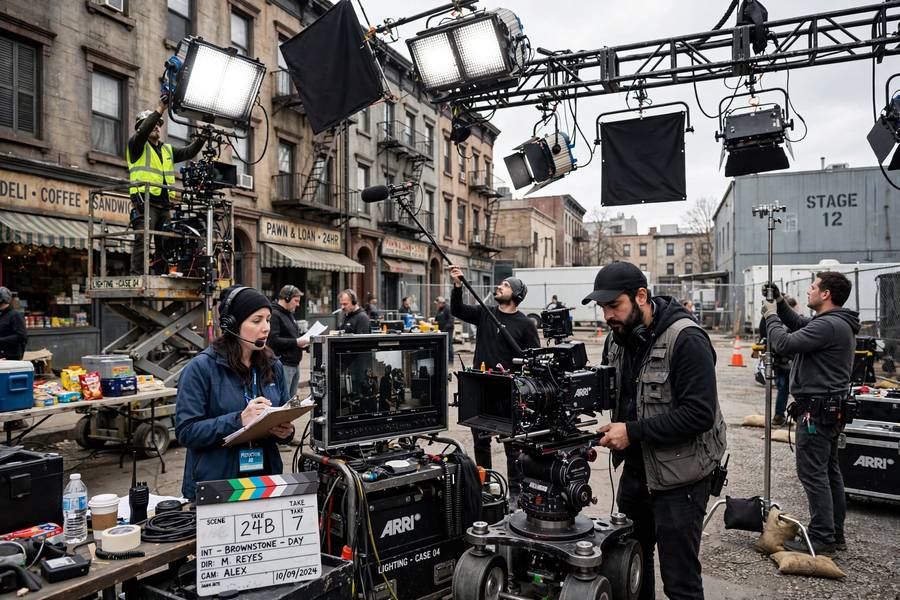 A working film set with cameras and crew on a studio backlot