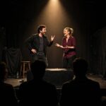 What Is Improv Comedy? The Art of Making It Up on Stage Two improvisers performing improv comedy on stage in front of a live audience