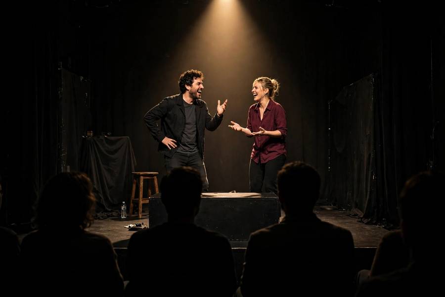 Two improvisers performing improv comedy on stage in front of a live audience