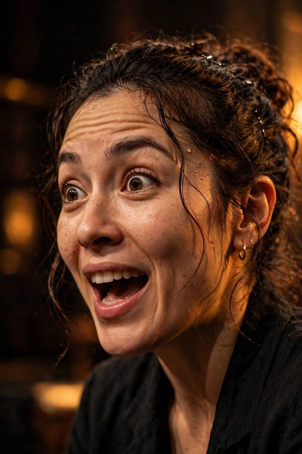 Improviser reacting in the moment during an improv comedy scene