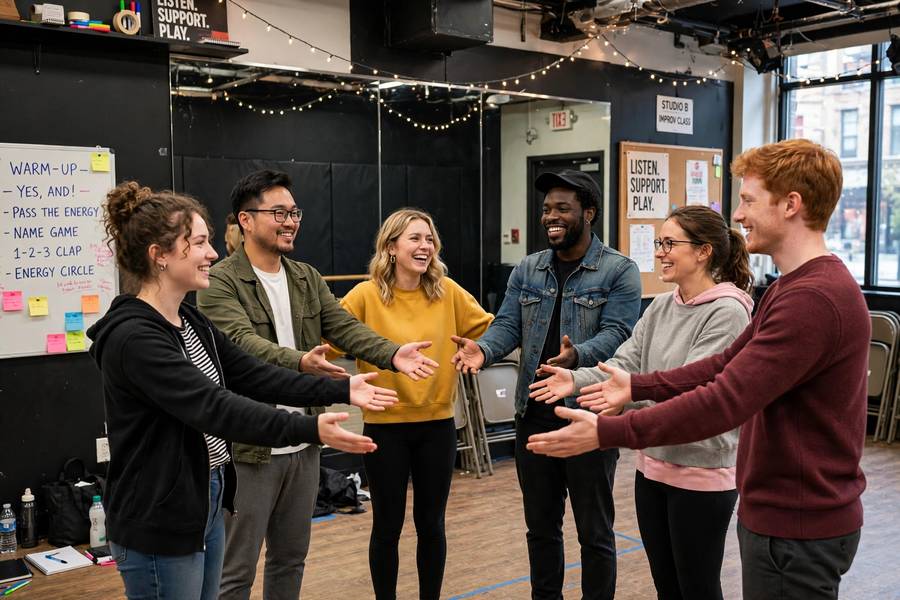 Students in an improv comedy class doing a warm-up exercise