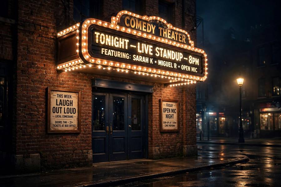 Brick comedy theater marquee where improv comedy shows run nightly
