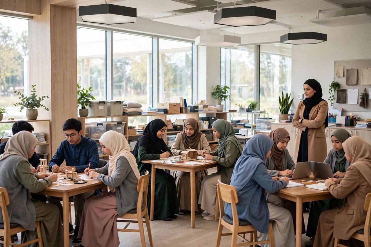 Bright modern classroom with students working in small groups around tables, teacher observing