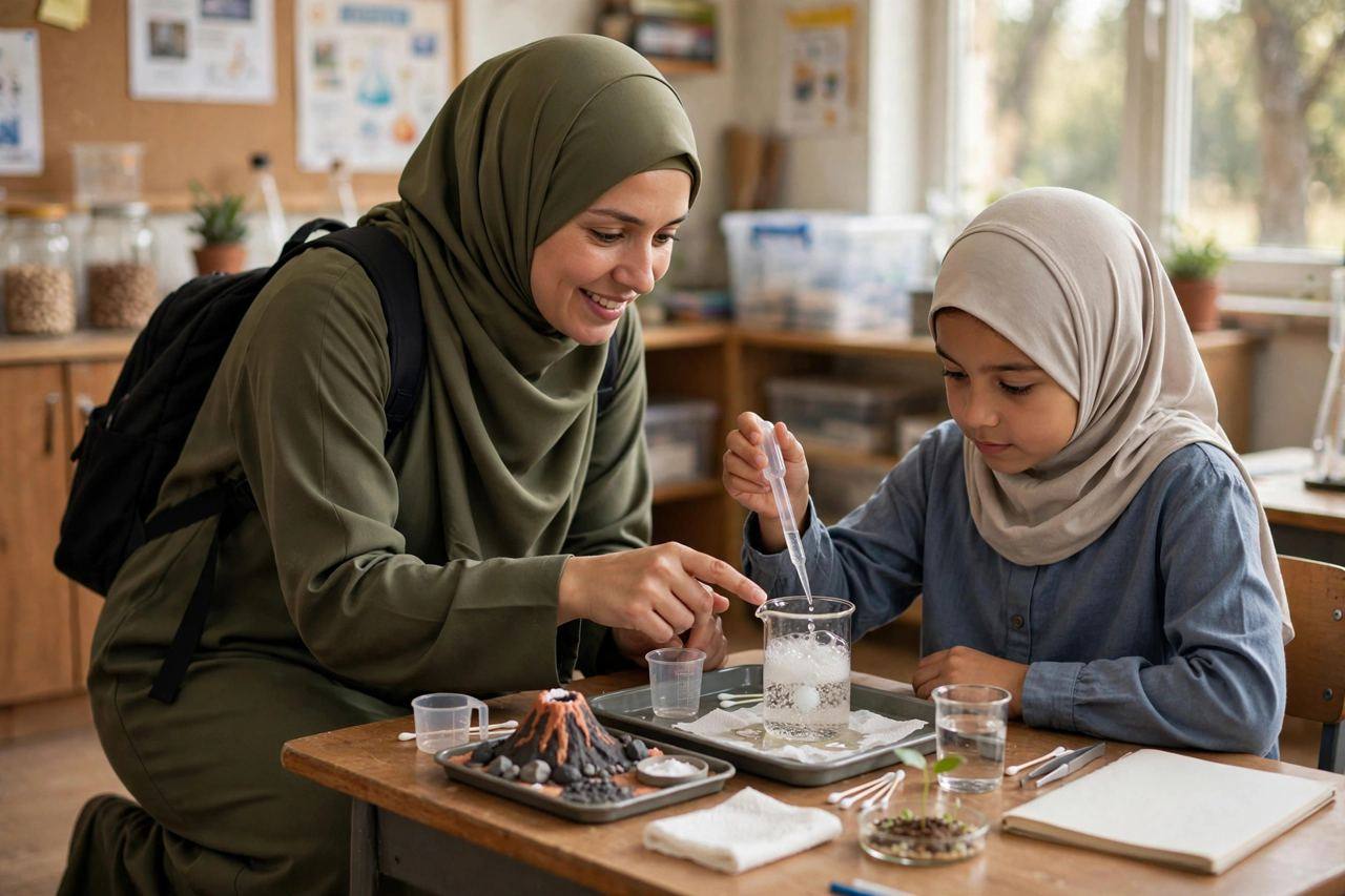 Teacher kneeling beside a student's desk, guiding them through a hands-on science activity