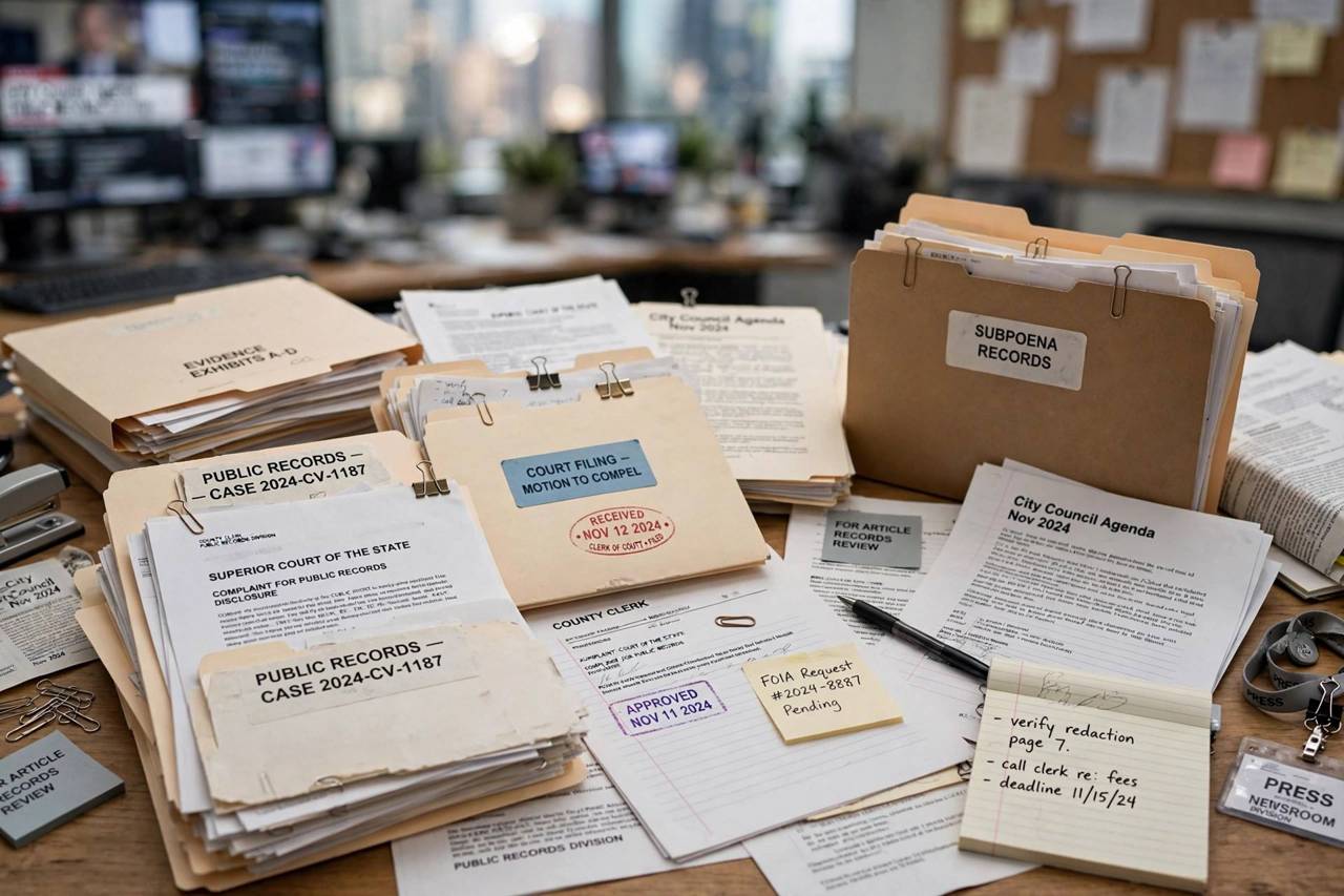 Stacks of public records documents and court filings spread across a newsroom desk