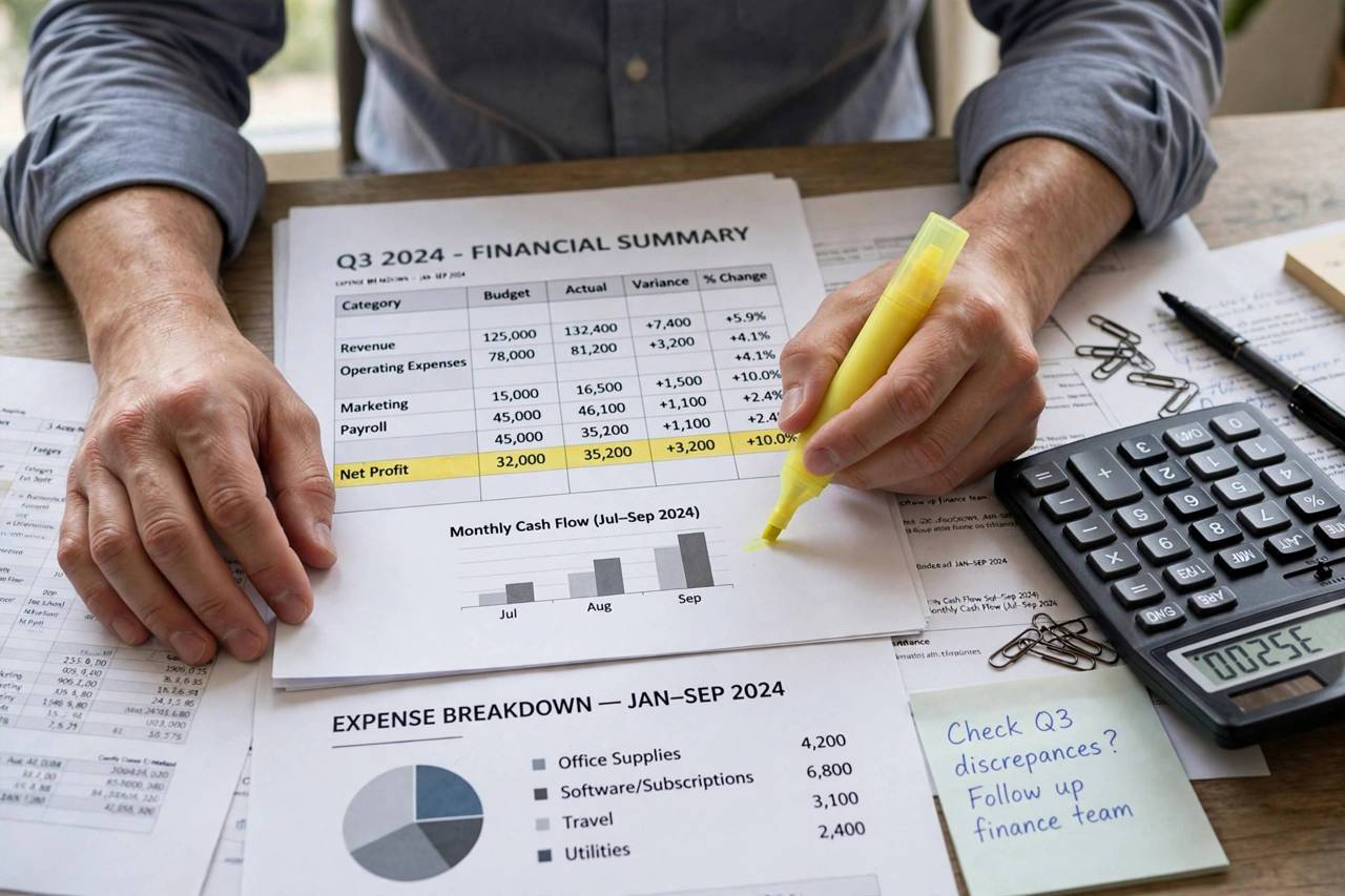 A journalist reviewing printed spreadsheets and financial data on a desk