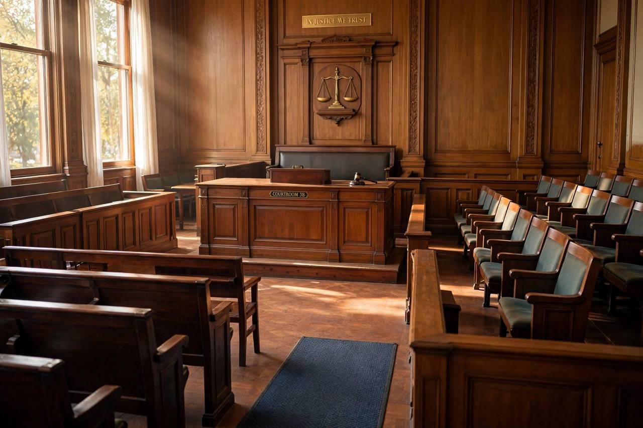 Empty courtroom with jury box seats and judge bench in warm light