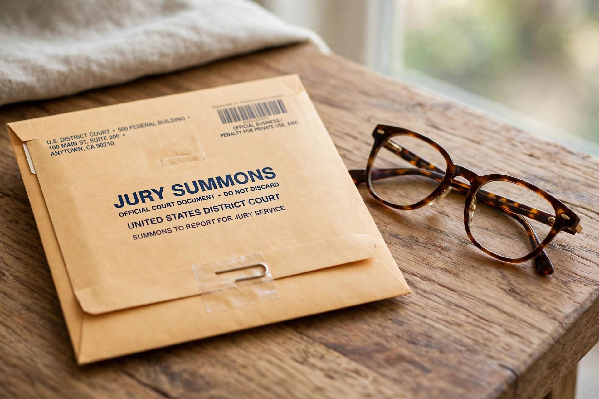 A sealed jury summons envelope resting on a wooden table beside reading glasses