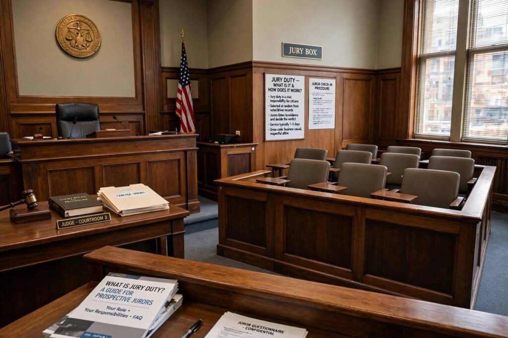 The interior of a courtroom with the jury box beside the judicial bench