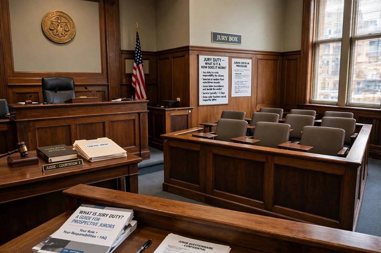 The interior of a courtroom with the jury box beside the judicial bench