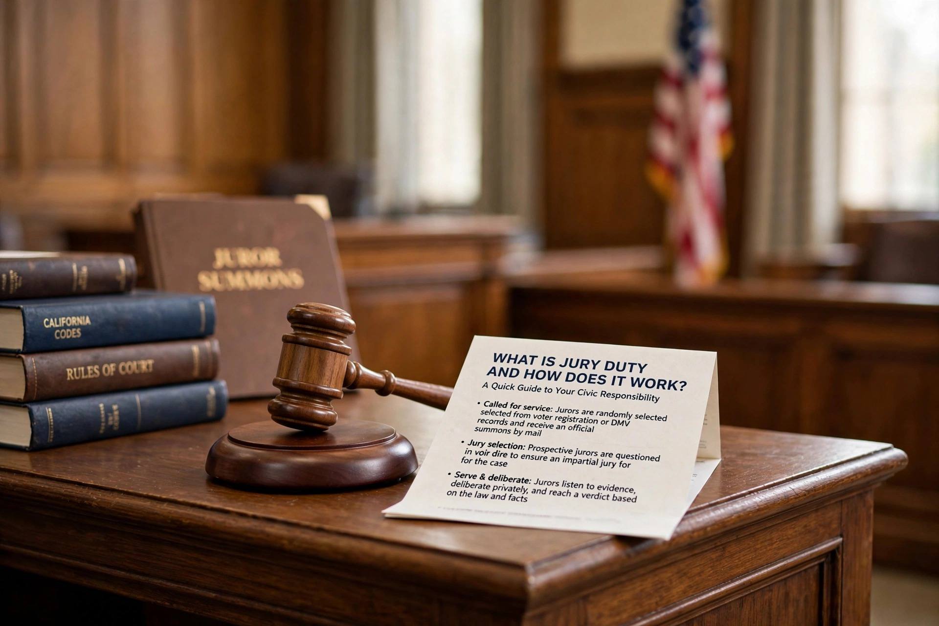 A gavel resting on a sound block on a courtroom bench
