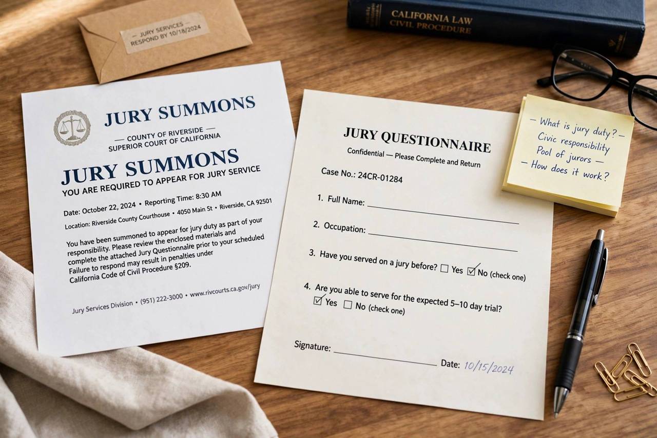 A jury summons letter and questionnaire on a desk next to a pen