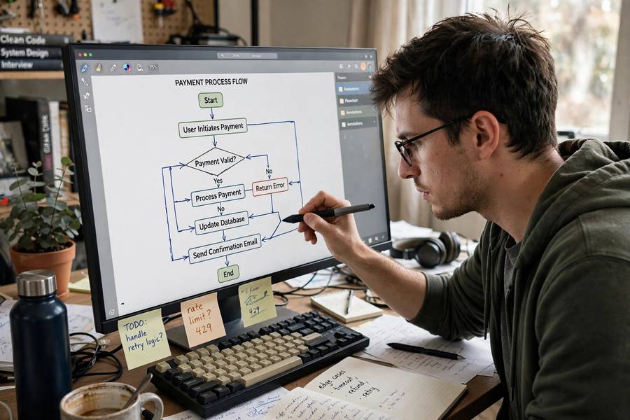 Developer designing a LangGraph agent workflow as a flowchart on screen