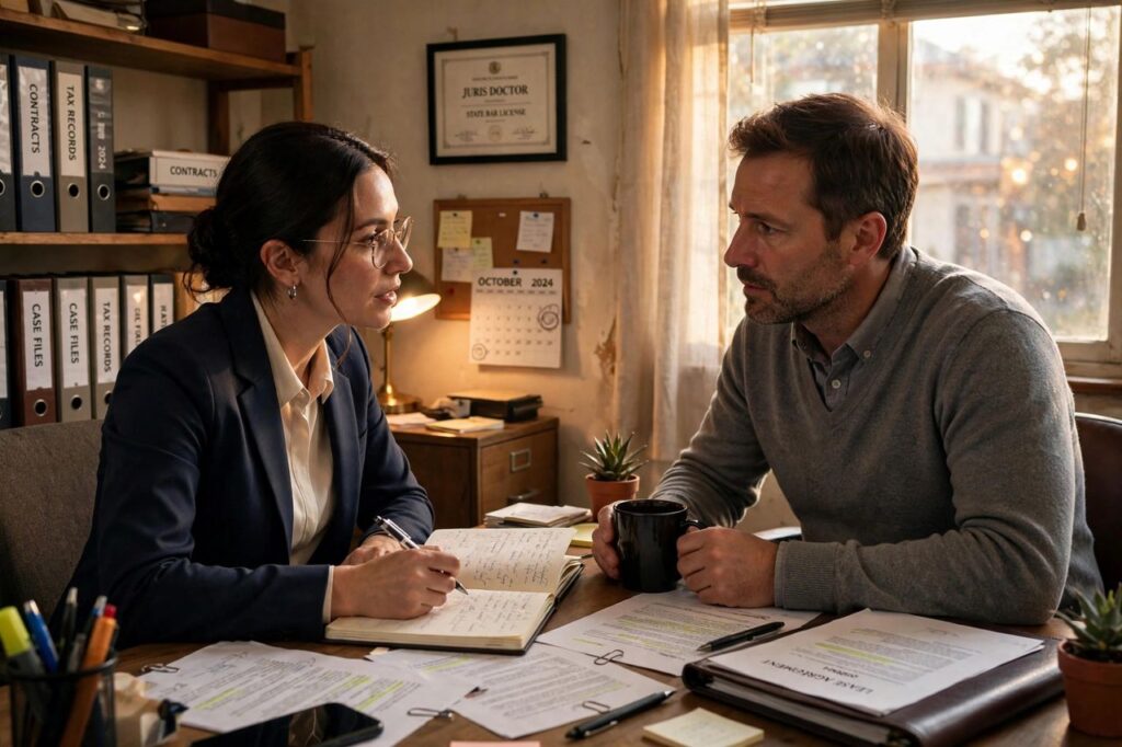 Lawyer consulting with a client in a modest office