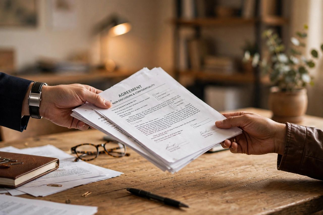 Hands holding legal documents across a desk