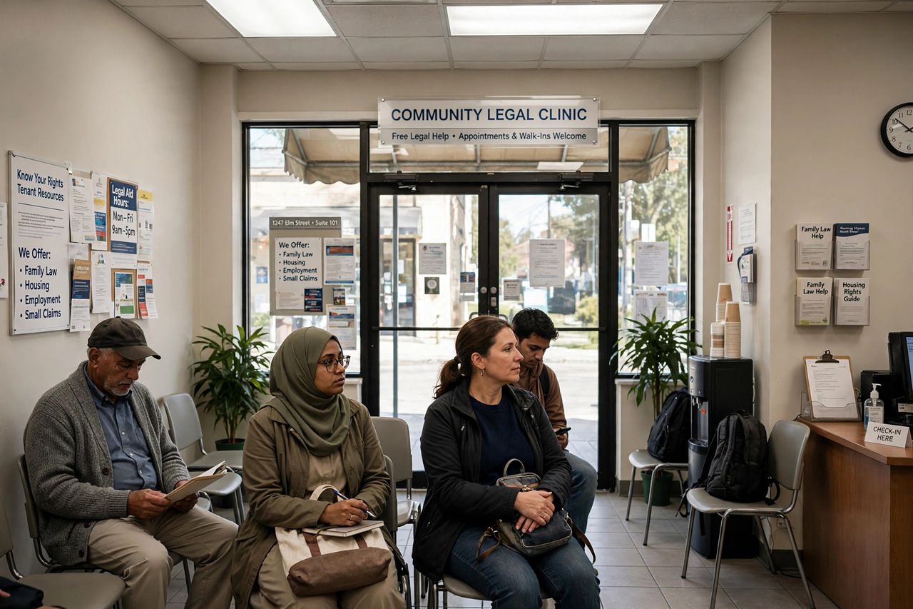 Community legal clinic entrance with people waiting