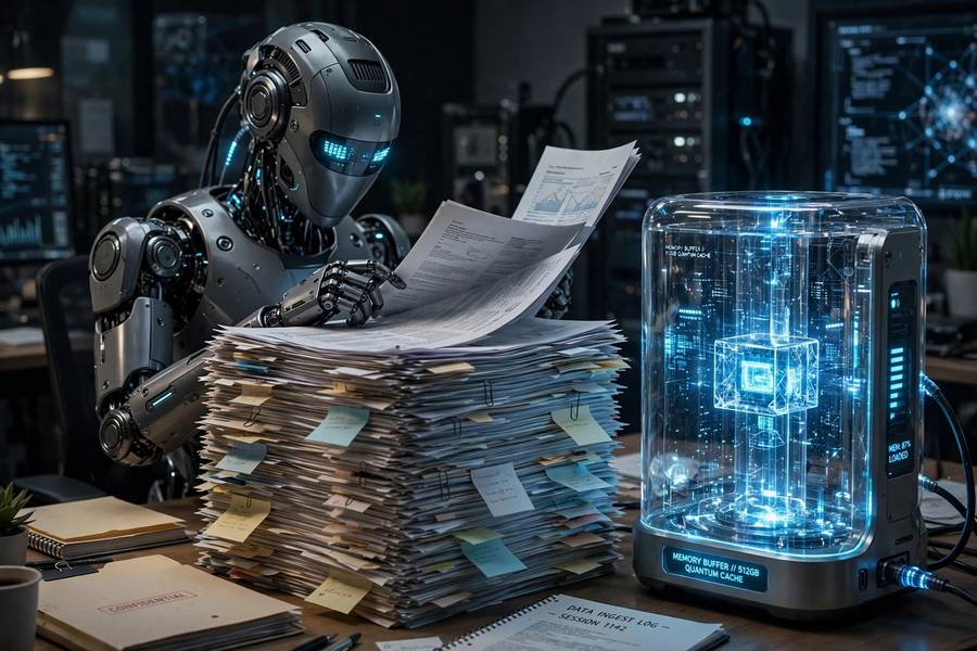 Visualization of an AI with long context reading a massive stack of documents