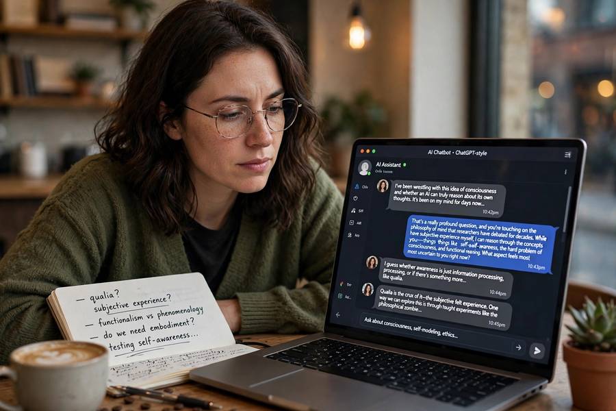 A person having an extended conversation with an AI chatbot enabled by long context