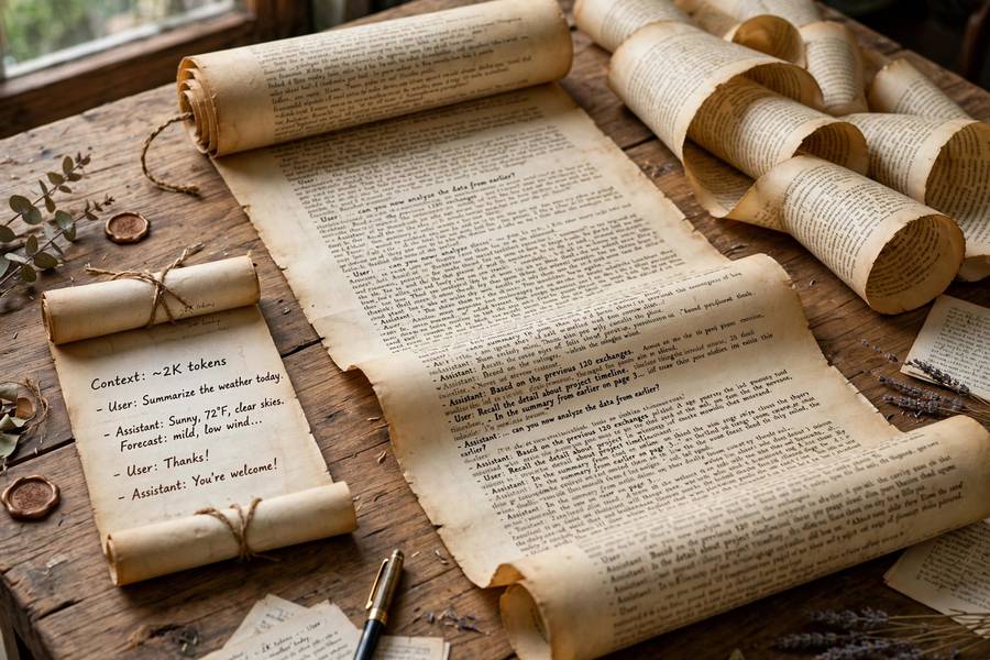 Comparison of a short scroll versus an enormous scroll representing AI context size