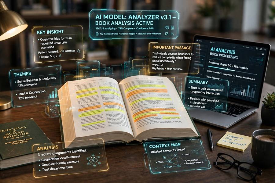 An AI analyzing a full-length book with highlighted passages floating around it