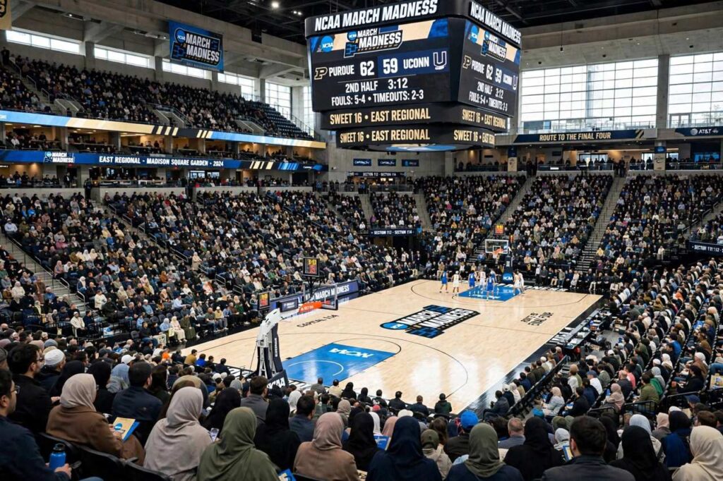 A basketball arena filled with fans during a March Madness tournament game