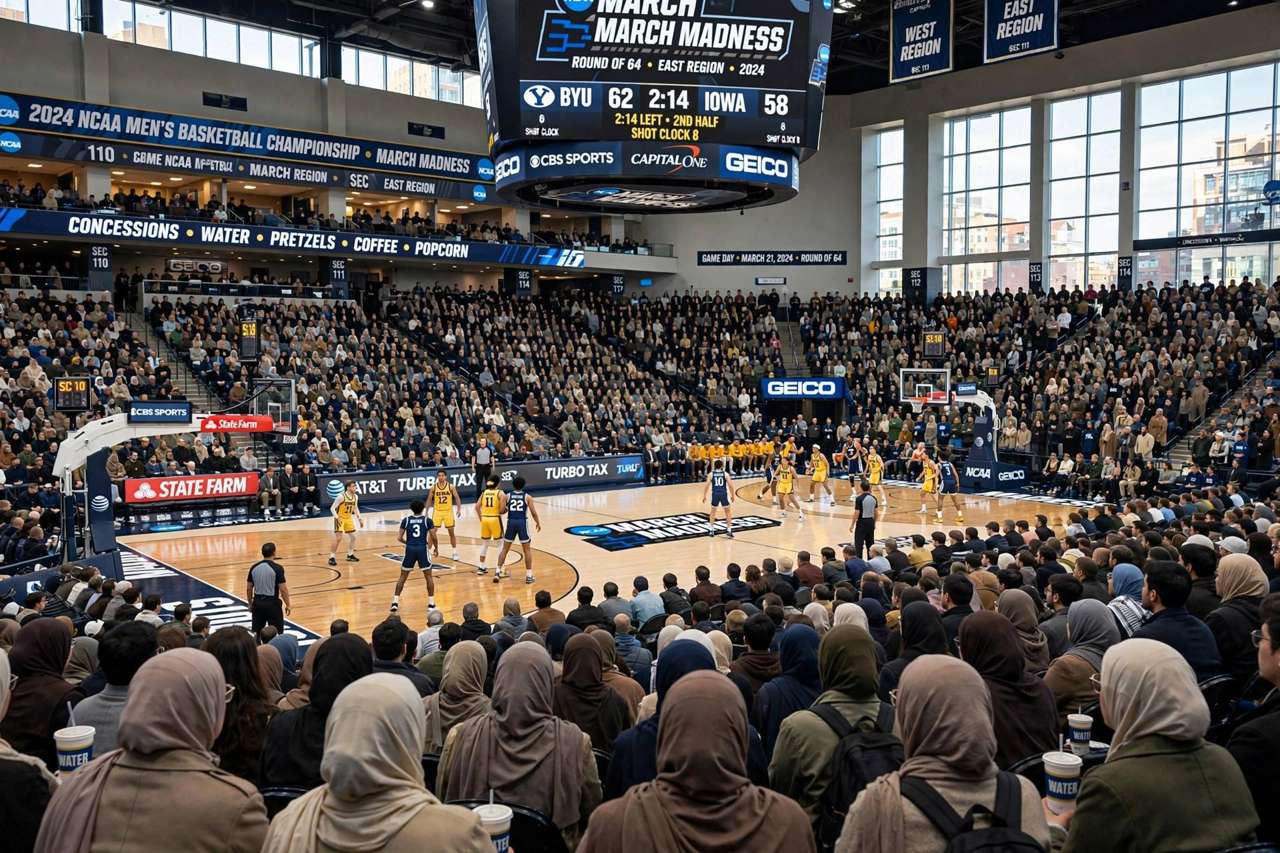 Crowded college basketball arena with fans during a March Madness game