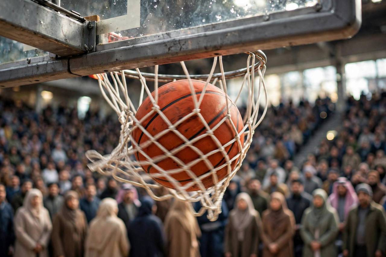 A close-up of a basketball going through a hoop in a packed arena
