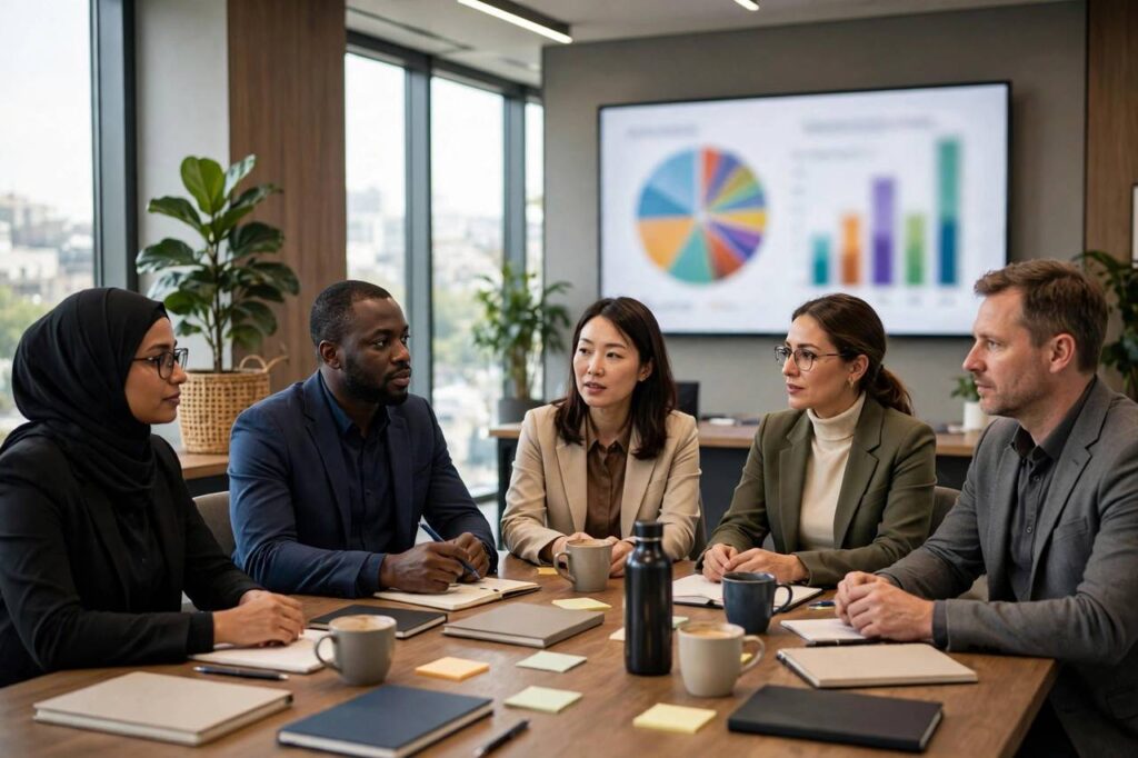Marketing team meeting around a table with customer segment charts on a presentation screen