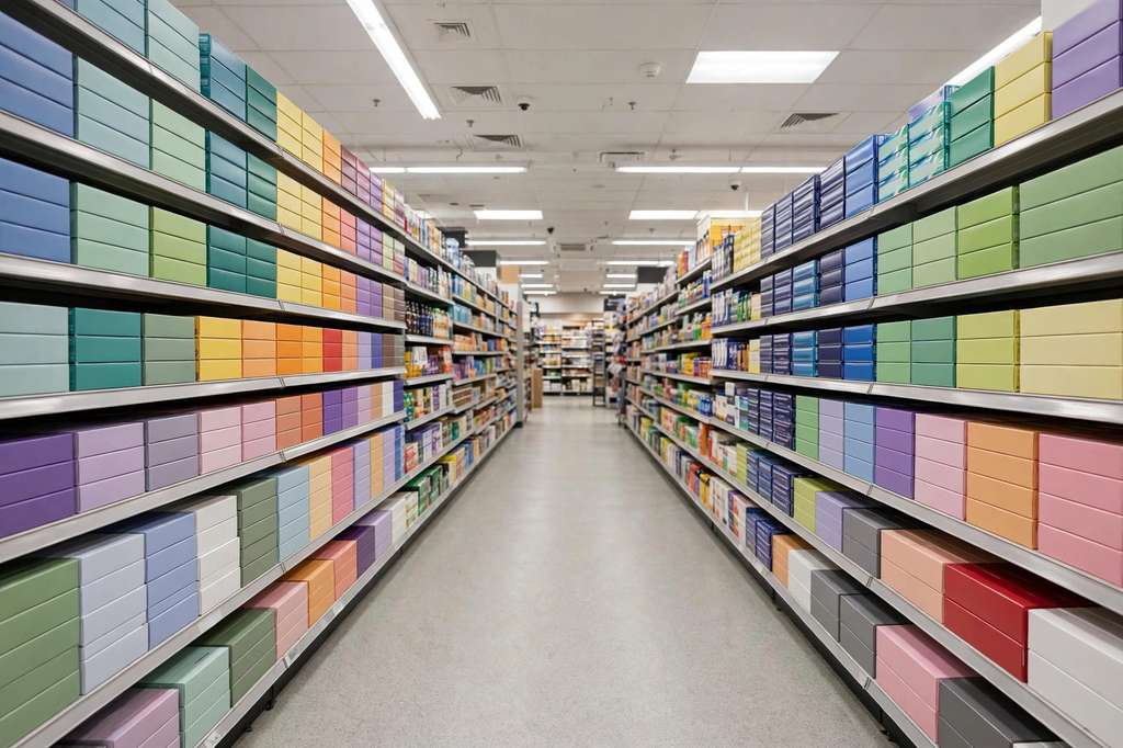 Grocery store toothpaste aisle with brands segmented by benefit: whitening, sensitivity, cavity protection