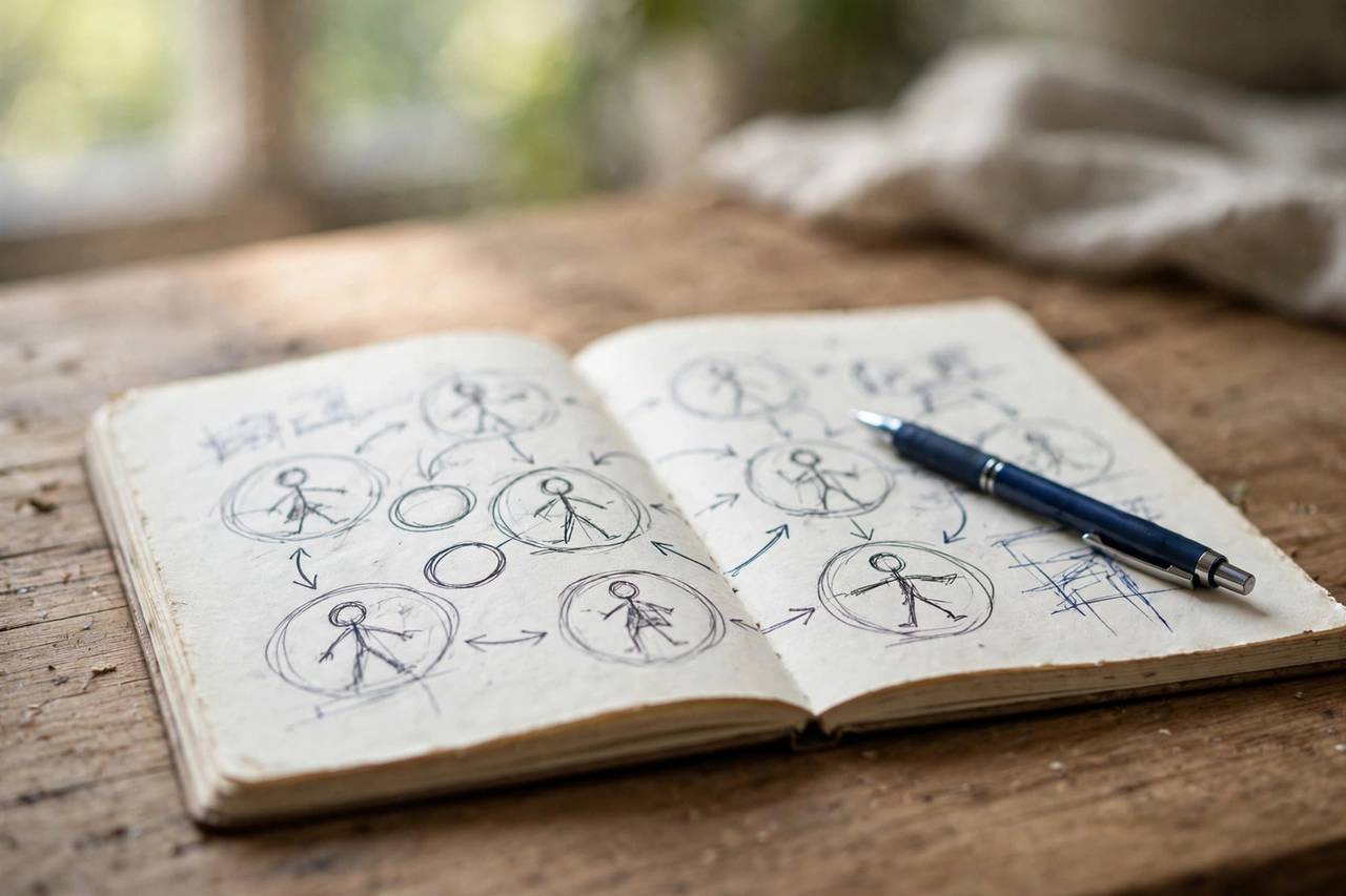 Close-up of a marketer's notebook with hand-drawn customer persona sketches labeled by segment