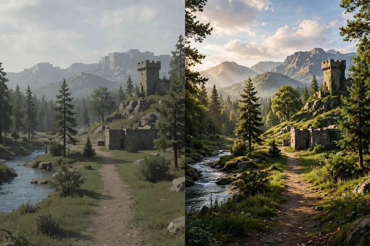 A split screen showing a game before and after a graphics mod is applied
