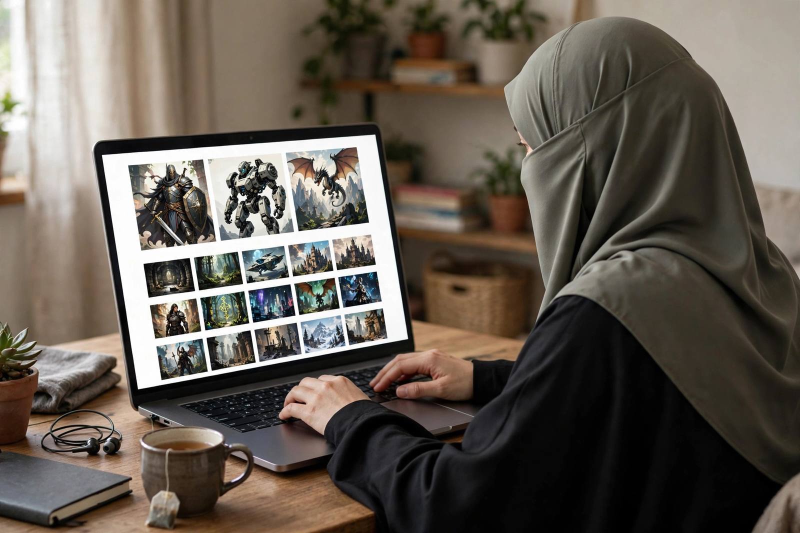 A person browsing a mod download website on a laptop with game artwork