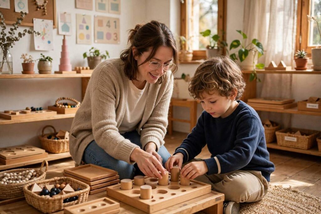 Teacher guiding a young child with hands-on learning materials in a Montessori classroom