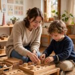 What Is Montessori vs Traditional School? A Parent's Guide Teacher guiding a young child with hands-on learning materials in a Montessori classroom