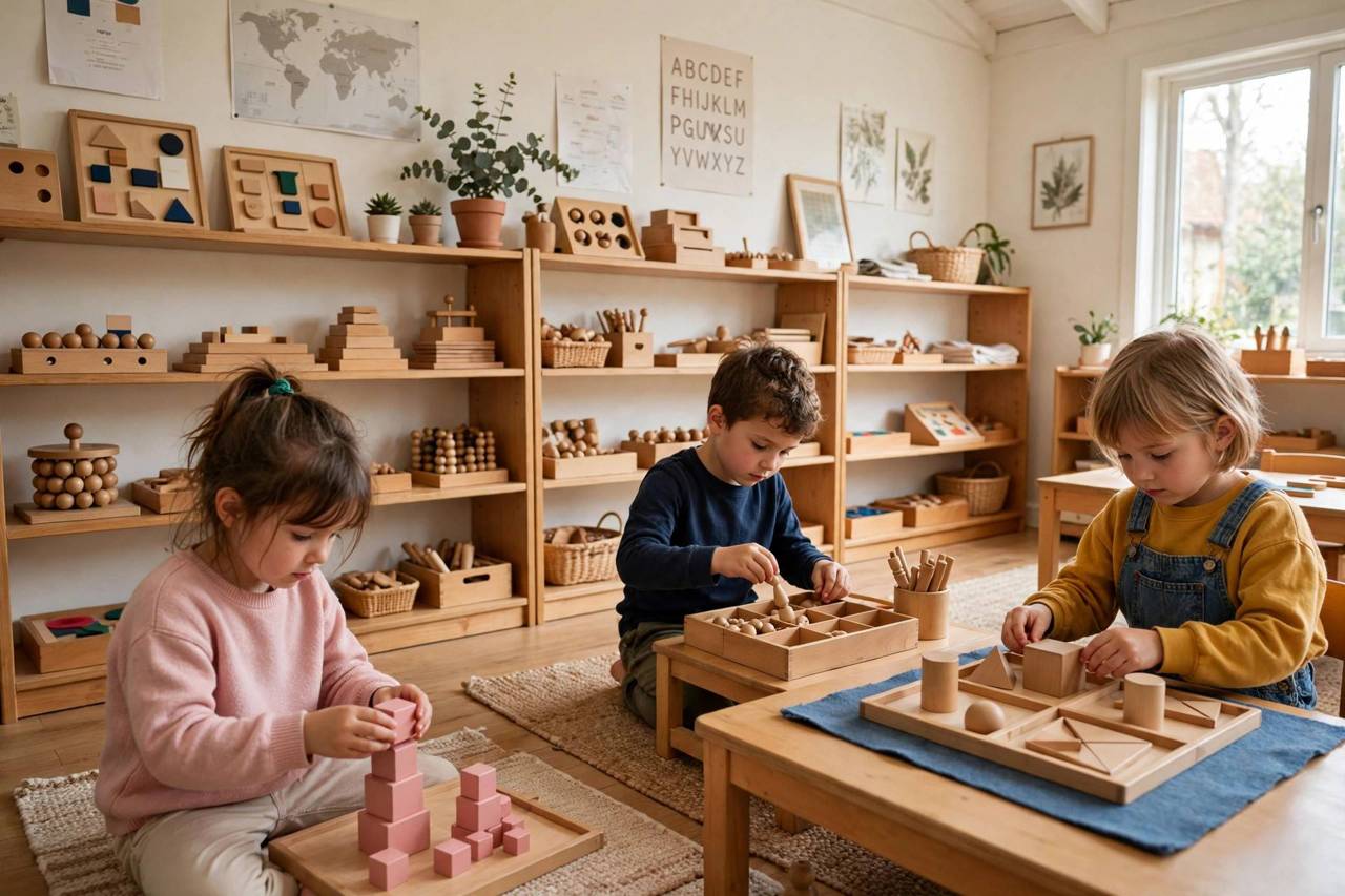 Young children working independently with wooden Montessori learning materials in a bright classroom