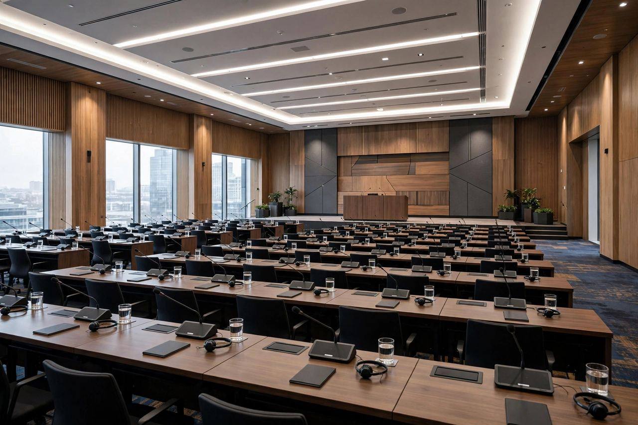 An empty modern conference hall with rows of desks and microphones set for an international summit meeting
