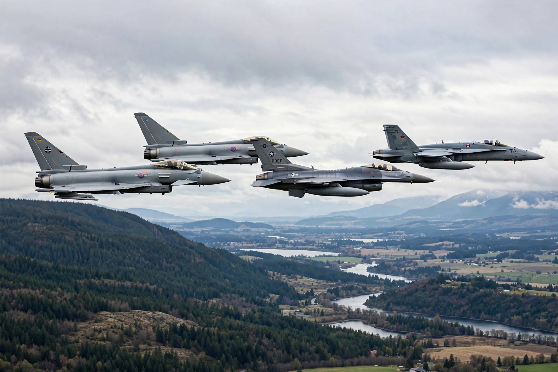Military aircraft from allied nations in formation flight