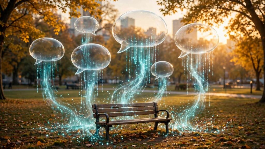 Human speech bubbles transforming into digital code representing language understanding