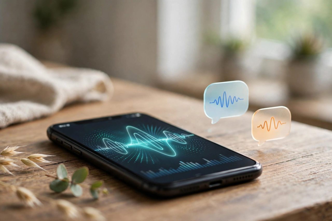 Smartphone showing voice assistant with sound waves and translated text bubbles