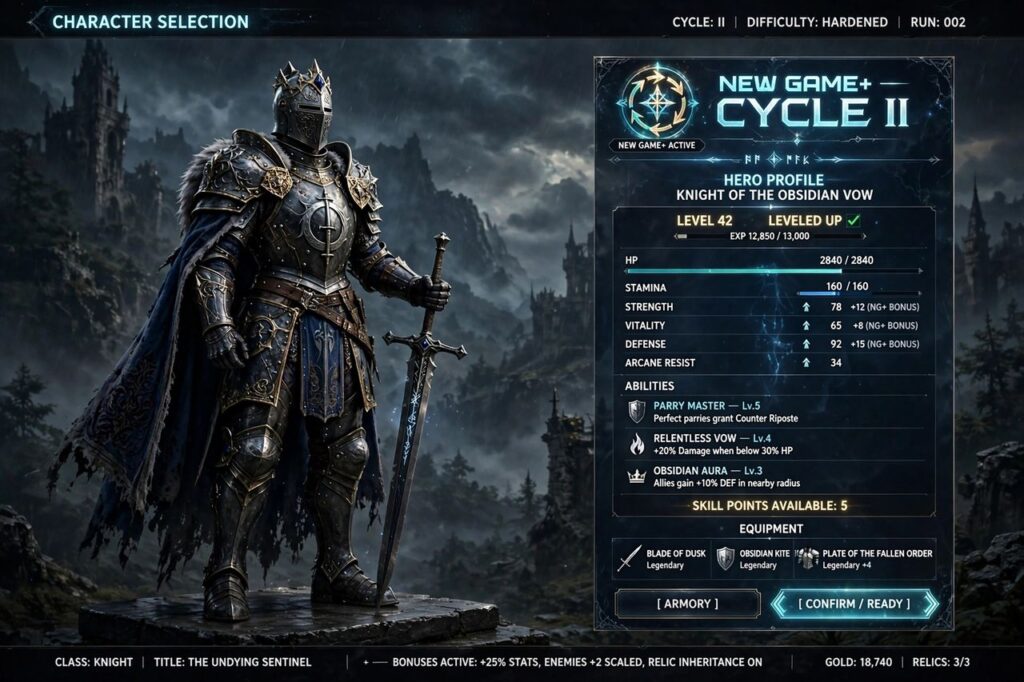 RPG character screen showing leveled-up hero ready for New Game Plus